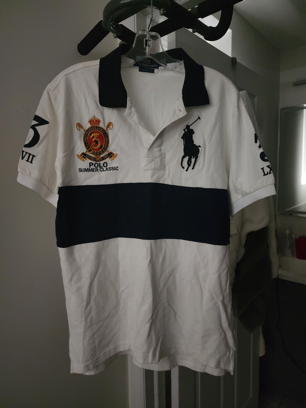 White and Navy Polo with Embroidered Crest & Pony